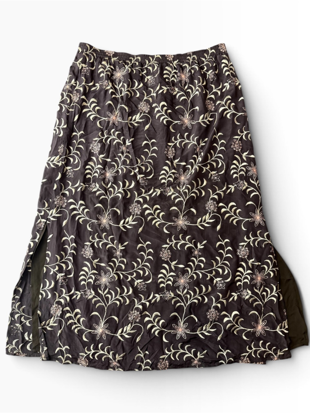 Elana by Tanner Size 16 100% Silk Embroidered Floral Midi Skirt Brown Lined